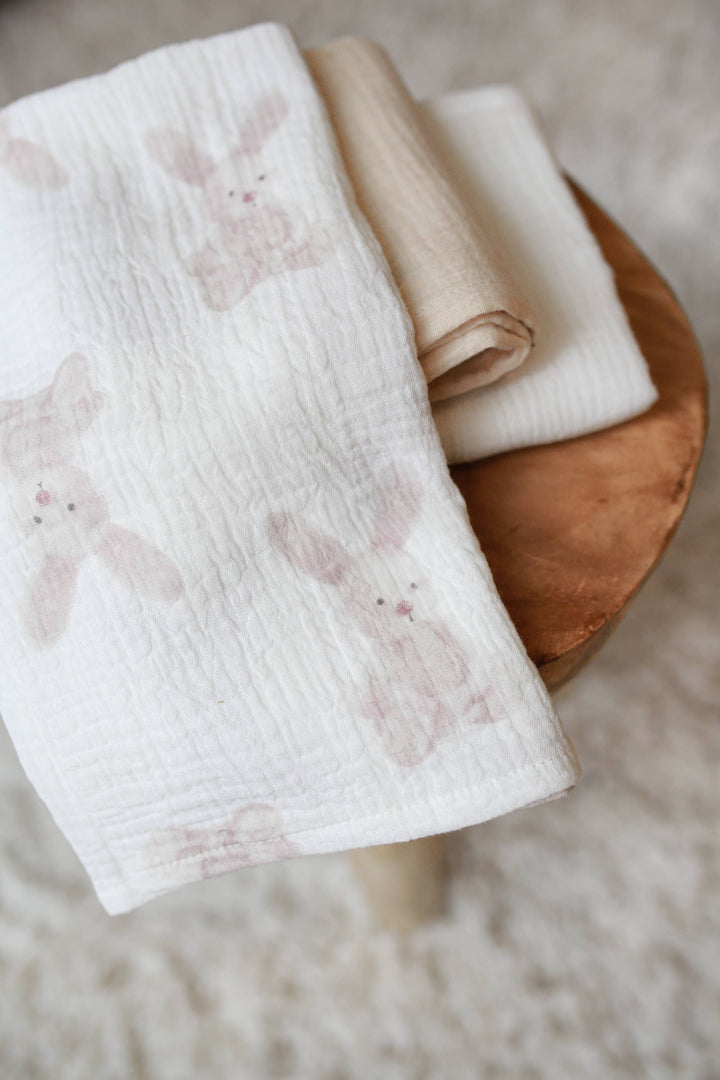 BABYLY - Muslin Burp Cloth Set -3 pack - Bunnies