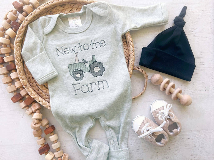 Wonderfully Made - Baby Sage Romper | Baby Boy Outfit - Tractor New To The Farm