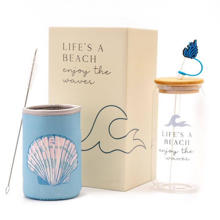 The Love Crate Co. - Ocean Gifts for Women - Cute Glass Cup with Lid and Straw, Customized Stopper and Soda Sleeve. Unique Themed Tumbler Drinking Cup with Bamboo Lid. Pretty Sea Theme Gifts for Women
