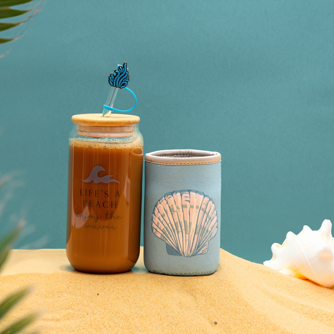 The Love Crate Co. - Ocean Gifts for Women - Cute Glass Cup with Lid and Straw, Customized Stopper and Soda Sleeve. Unique Themed Tumbler Drinking Cup with Bamboo Lid. Pretty Sea Theme Gifts for Women
