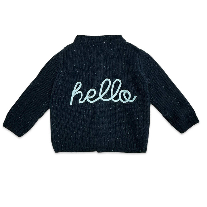a Viverano Organics - HELLO Wordy Chunky Knit Baby Cardigan Sweater Organic Cotton