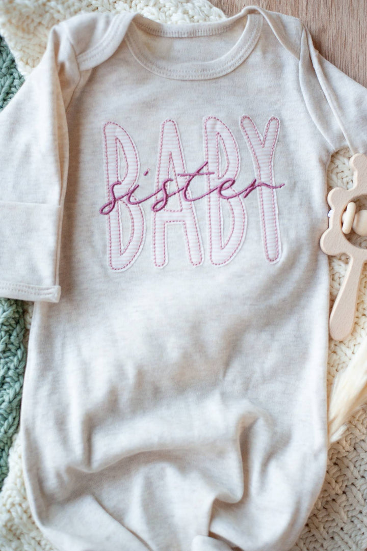 Wonderfully Made - Baby Girl Outfit | Oatmeal Knot Gown Pink Baby Sister