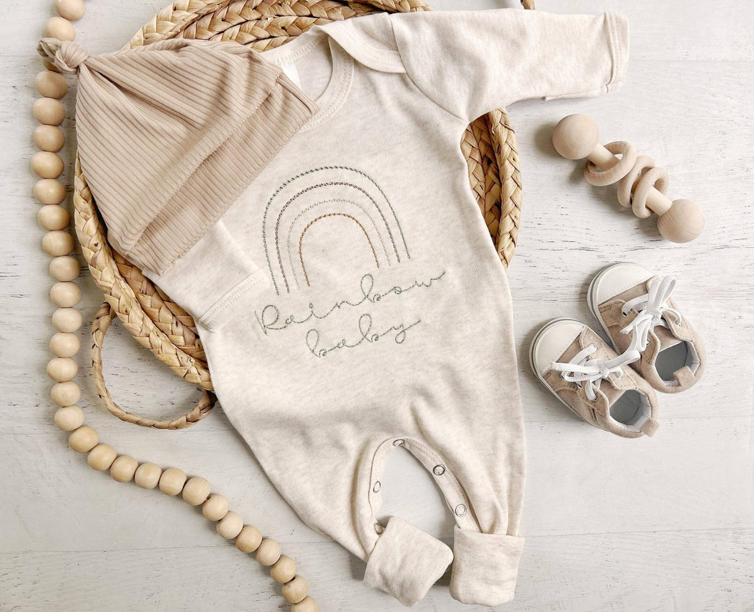 a Wonderfully Made - Neutral Tone Boho Baby Girl Outfit With A Sweet Muted Rainbow