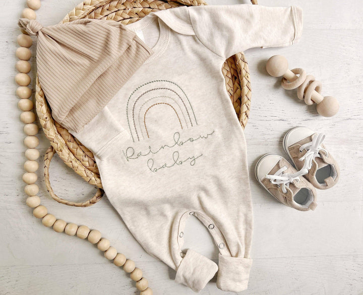 a Wonderfully Made - Neutral Tone Boho Baby Girl Outfit With A Sweet Muted Rainbow