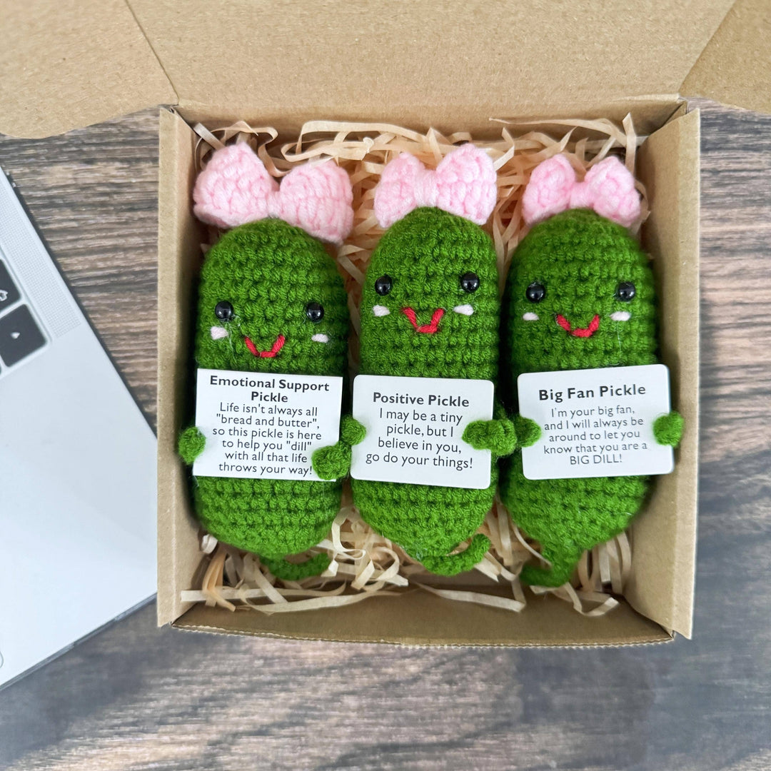TOMOPOD LLC - Adorable Crochet Pickle With Pink Bow, Positive Pickle