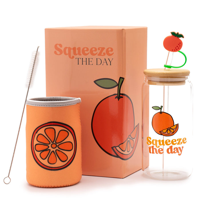 The Love Crate Co. - Orange Gifts for Women - Glass Tumbler with Lid and Straw, Customized Straw Stopper and Koozie Holder with Cute Unique Design. Coffee or Smoothie Gift Cup for Mom, Teacher, Friend