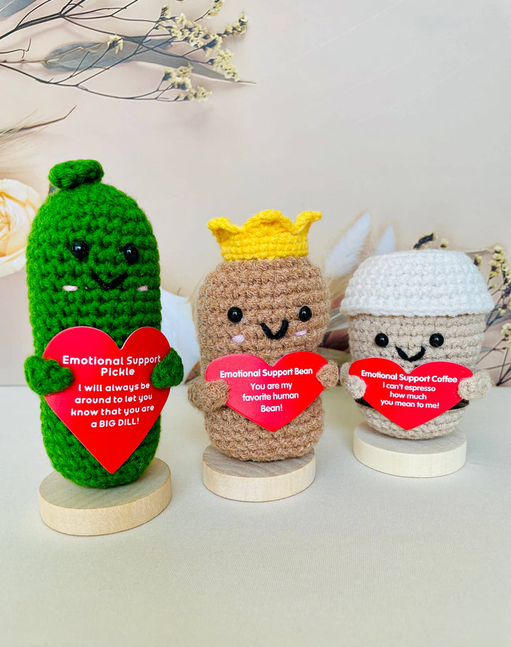 TOMOPOD LLC - Crochet Emotional Support Desk Buddy, Pickle/Coffee/Bean