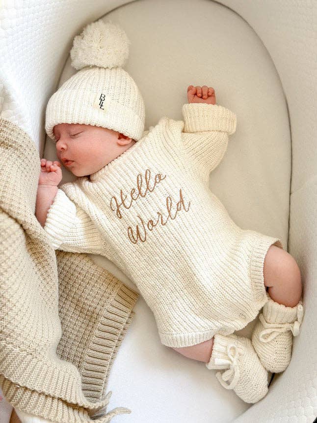 Brave Little Lamb the Label - 'Hello World' Announcement Romper | Textured Cloud