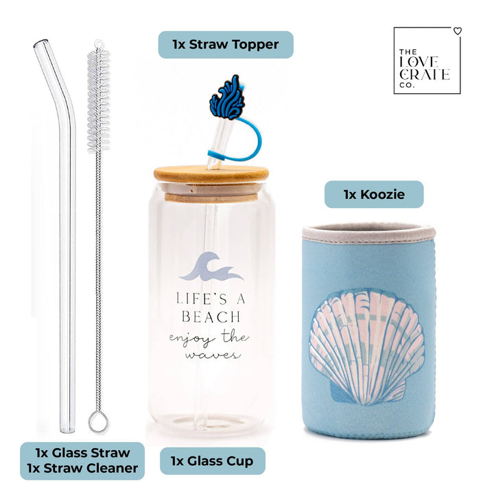 The Love Crate Co. - Ocean Gifts for Women - Cute Glass Cup with Lid and Straw, Customized Stopper and Soda Sleeve. Unique Themed Tumbler Drinking Cup with Bamboo Lid. Pretty Sea Theme Gifts for Women