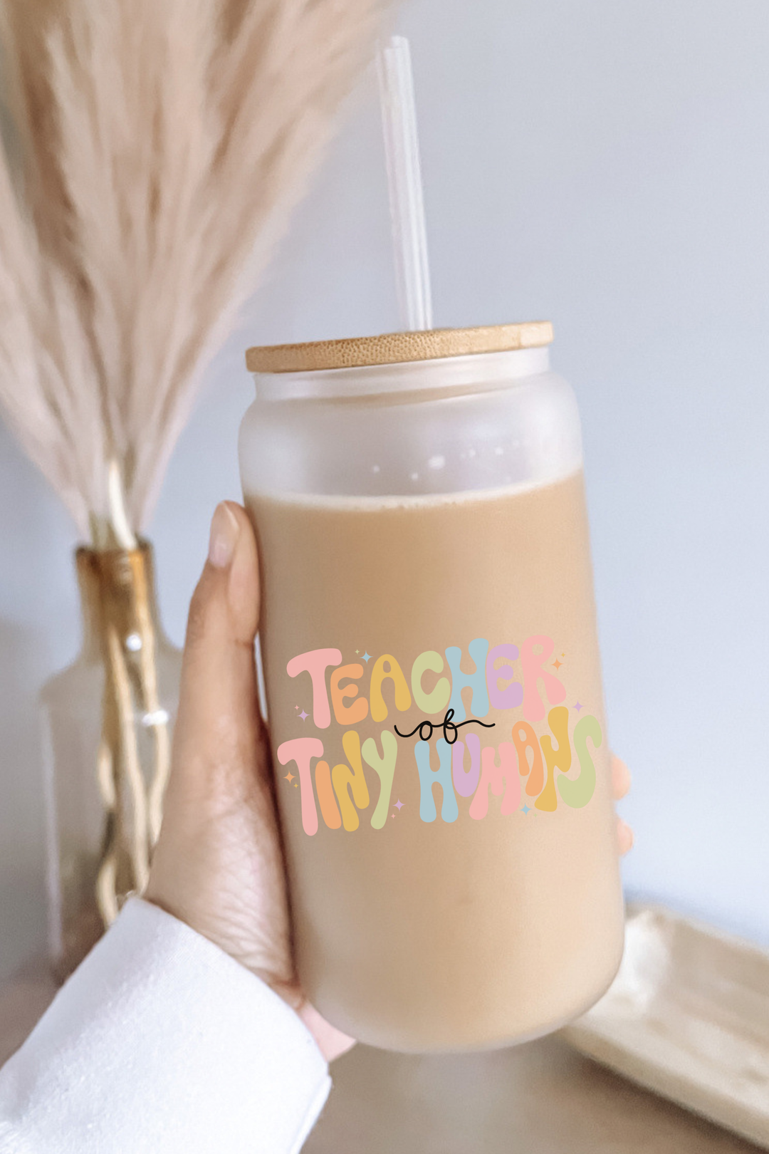 Boho + Babe - Teacher of Tiny Humans 16 oz Glass Cup with Bamboo Lid