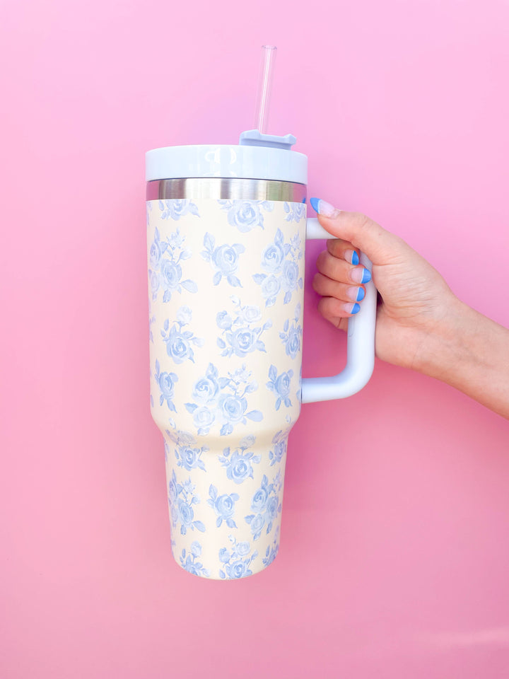 BUNDLE TRIO: Blue Bow Slippers, Cream & Blue Floralz Tumbler, Knitted PJs for New Boy Mama Bundle